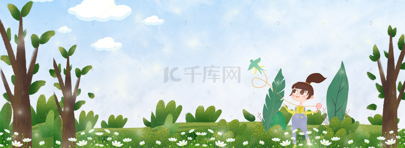 春游绿树背景图片_春天蓝天白云下放风筝的女孩