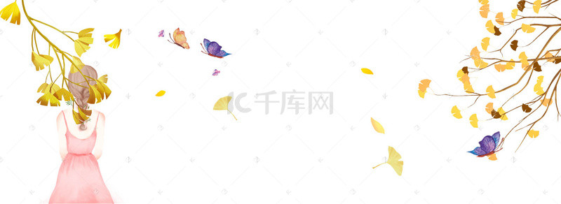 漂浮唯美背景图片_银杏树下的女孩手绘暖色banner