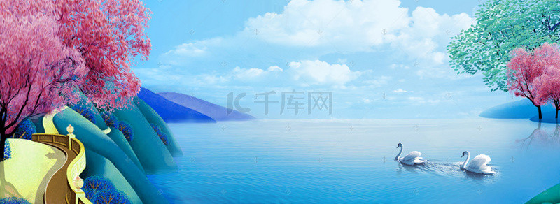 蓝色手绘树木背景图片_蓝色手绘清新自然夏季河流背景