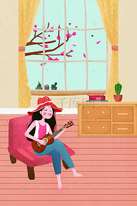 激情夏日促销海报背景图片_手绘室内吉他女孩插画唯美夏天海报