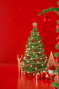 元旦促销背景图片_C4D立体圣金红圣诞电商促销海报圣诞树
