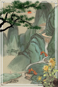 风松树背景图片_复古中国风山水工笔画