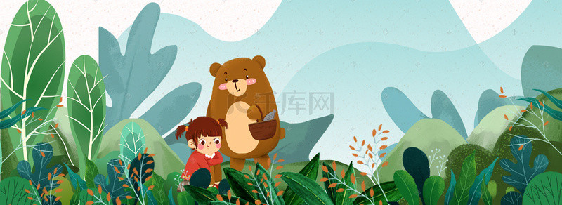 熊和小女孩背景图片_春天里的小女孩和小熊电商淘宝背景