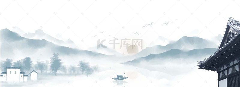 湖面背景背景图片_中国风水墨画古韵地产平面广告