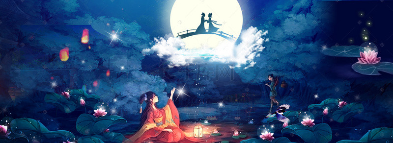 爱情月亮背景图片_蓝色创意七夕节背景