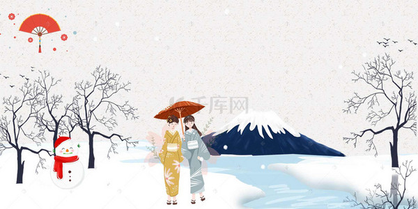 日本风光背景图片_日本出游文艺手绘粉色背景