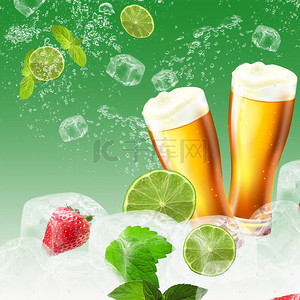 啤酒素材背景背景图片_大气简约柠檬啤酒绿色背景素材