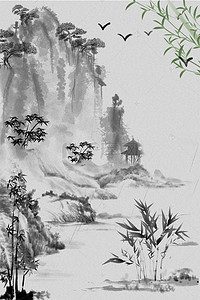 中国风山水草花竹柳桃花背景设计图