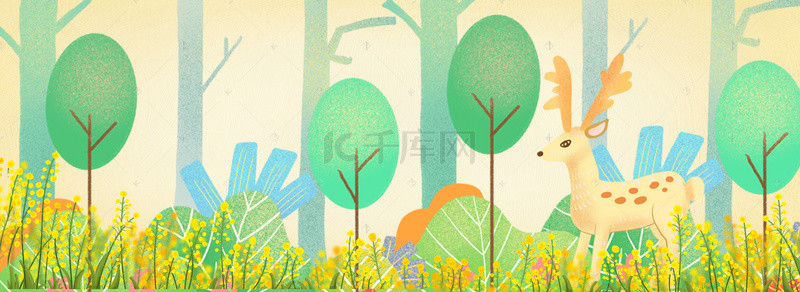 春天风景唯美背景图片_世界森林日森林里的小鹿插画