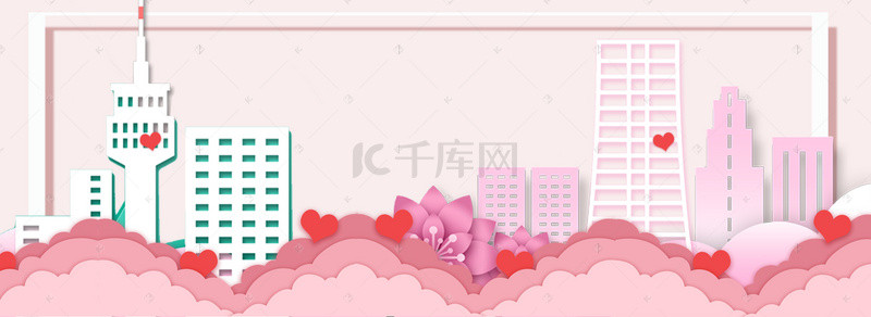 清新唯美建筑背景图片_剪纸建筑天猫彩妆背景