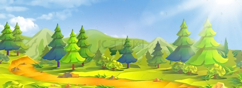 阳光下的树林背景图片_清新绿色阳光下的森林远山背景