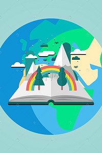 绿色海报卡通背景图片_书籍上面上彩虹背景素材