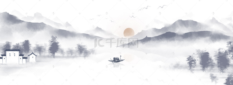 山水渔船背景图片_中国风手绘水墨风景山水徽派建筑