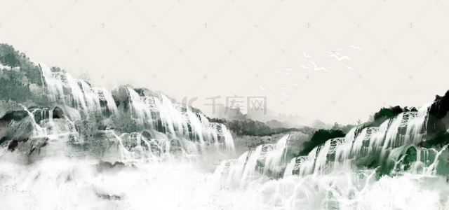 水墨山水装饰画背景图片_中国风水墨瀑布背景
