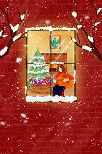 圣诞红色海报背景图片_圣诞节窗前吉他女孩红色插画海报
