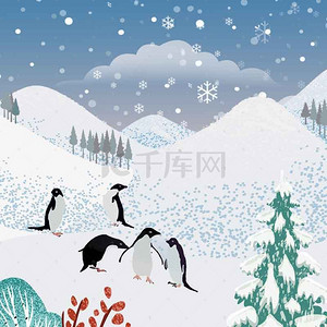 企鹅电竞背景图片_卡通企鹅白色冰山蓝底背景素材