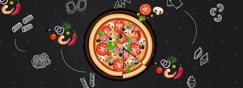 美食背景黑色背景图片_海鲜蔬菜披萨美食背景海报