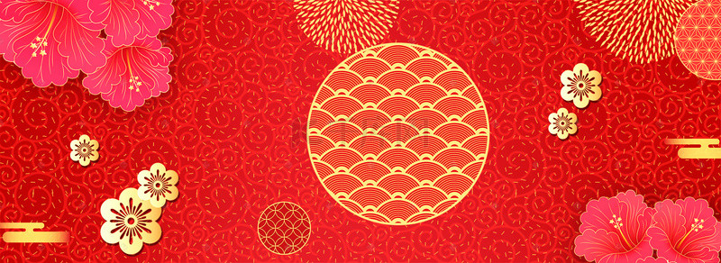 中国风鼠年新年底纹背景图片_中国风花朵金色立体花朵banner海报