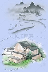 农村娃挑水的背景图片_中国风乡村休闲度假村背景