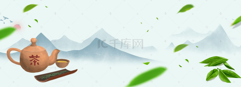 茶叶树叶素材背景图片_春茶上市中国风扇子柳树绿banner