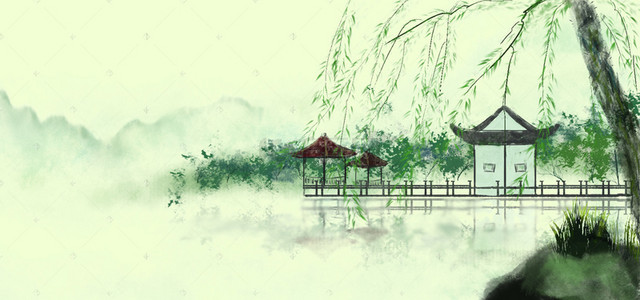 古风手绘鲜花背景图片_淘宝天猫古风服装淡绿色中国风banner