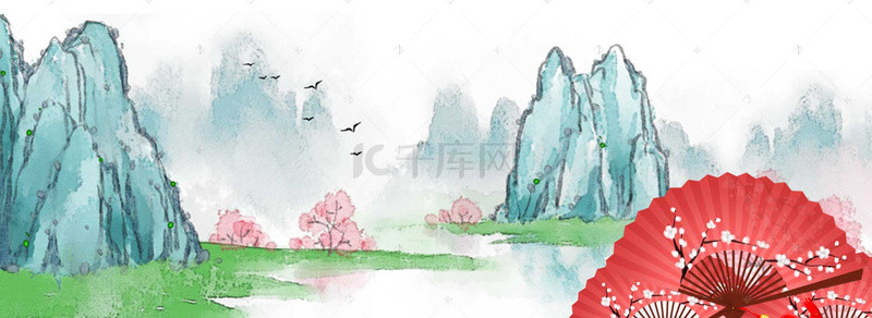 山水写意背景图片_中国风折扇水墨背景