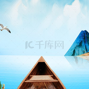山水小船背景图片_蓝色手绘新中式回归自然山水树木背景