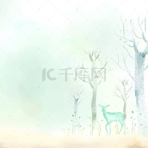 麋鹿绿色背景图片_小清新梦幻森林卡通手绘树枝麋鹿背景