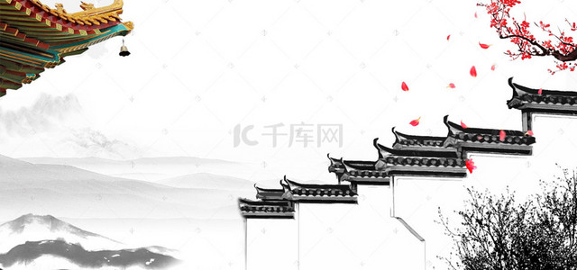 banner手绘背景图片_中式传统古建筑banner海报背景