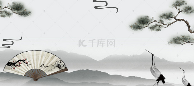 中国风水墨仙鹤扇子重阳节banner背景