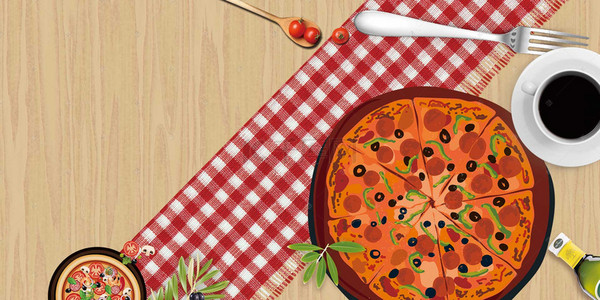 红色食品海报背景图片_披萨俯视图文艺红色背景
