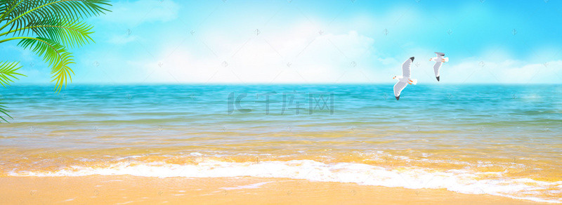 大海沙滩背景图片_清凉一夏海滩蓝天海鸥背景