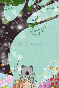 小熊卡通背景图片_春天树下的小熊和树上小鸟