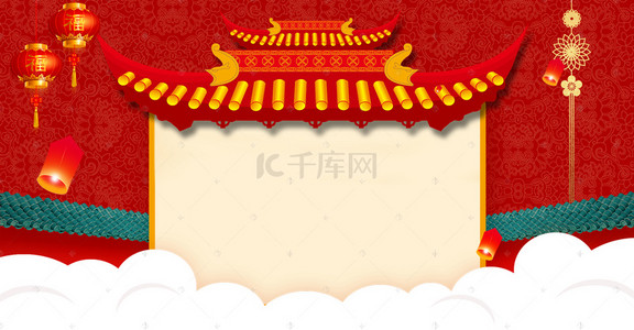 孔明灯背景图片_新年放假通知古建筑孔明灯海报