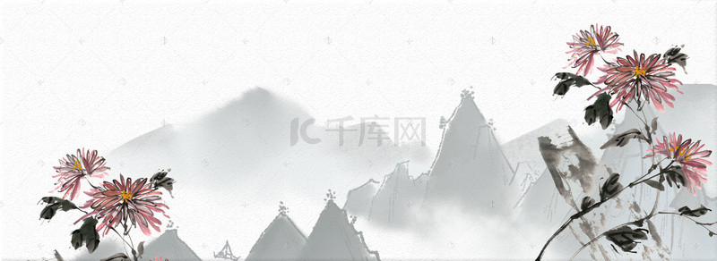 灰色云雾背景图片_中国风水墨菊花鲜花灰色背景