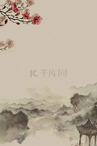 创意山水画背景图片_复古水墨山水工笔画高清背景