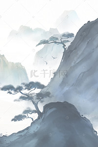 大气壮观背景图片_中国风山川云海扇面图案淡雅背景素材