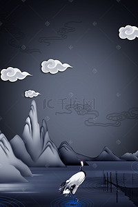 中国风灰色质感山脉剪纸广告背景