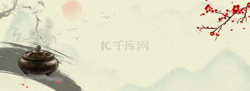 中国风古韵水墨画古玩香炉平面广告