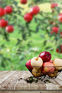 红木板背景图片_有机苹果绿色清新海报