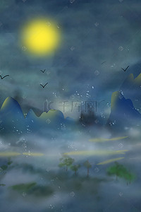 月亮朦胧背景图片_夜空中的山峰海报设计