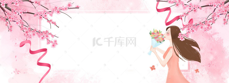 桃花节背景图片_桃花节文艺女生几何丝带浪漫粉banner