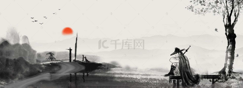 水墨江湖背景图片_水墨风大气山川剑客大树背景