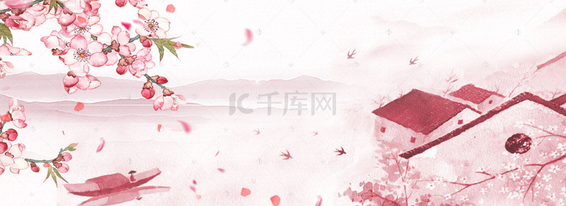 中国风水乡背景背景图片_中国风唯美春季水乡桃花背景