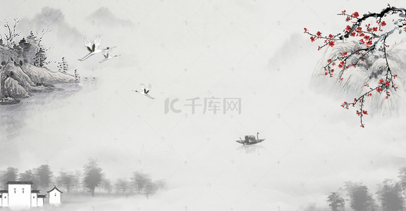渔船山水背景图片_山水古建筑白鹤梅花中国风海报