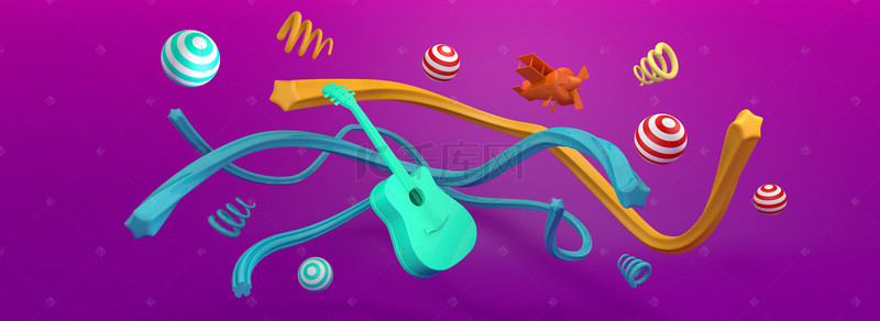 音乐节吉他背景图片_音乐吉他小球紫色背景