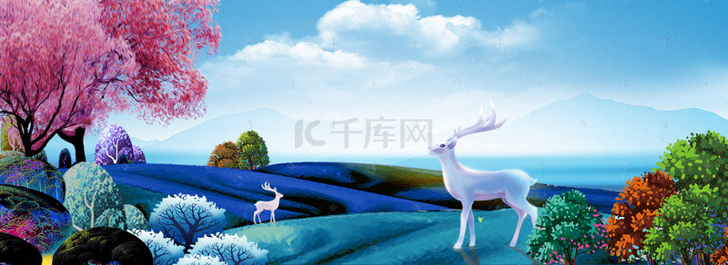 蓝色手绘新中式回归自然夏季山坡麋鹿背景