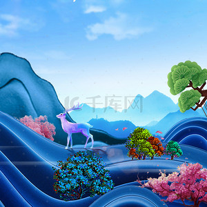 新唯美背景图片_蓝色唯美夏季新中式山峦麋鹿背景