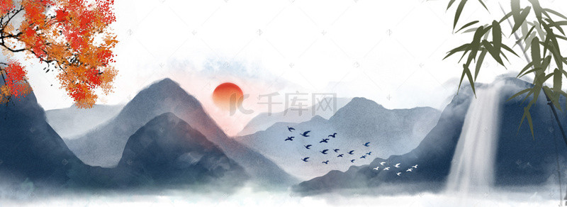 中式山水玄关背景图片_大气山水瀑布背景素材