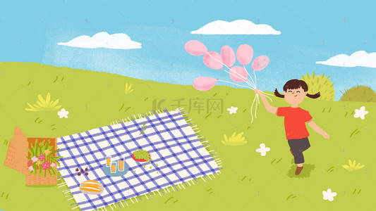 手绘卡通在草地上奔跑的女孩背景